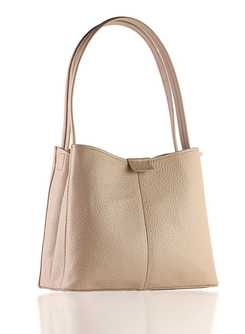 حقيبة يد نسائية فاخرة بنسيج جلدي محبب - تصميم أنيق بمقبض علوي مع 3 أقسام داخلية منظمة (بيج) - Image 1